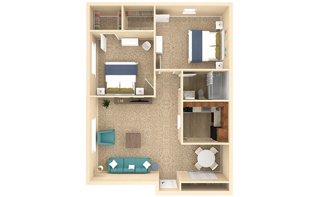 Floor plan for 2 beds, 1 bath, 932 sqft